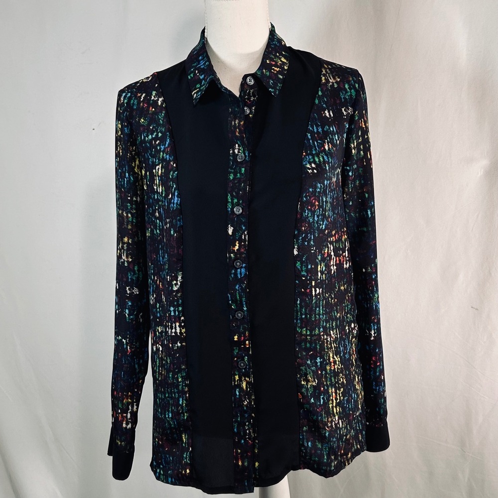 Derek Lam for DesigNation Womens Small Abstract Print Button Down‎ Blouse Black